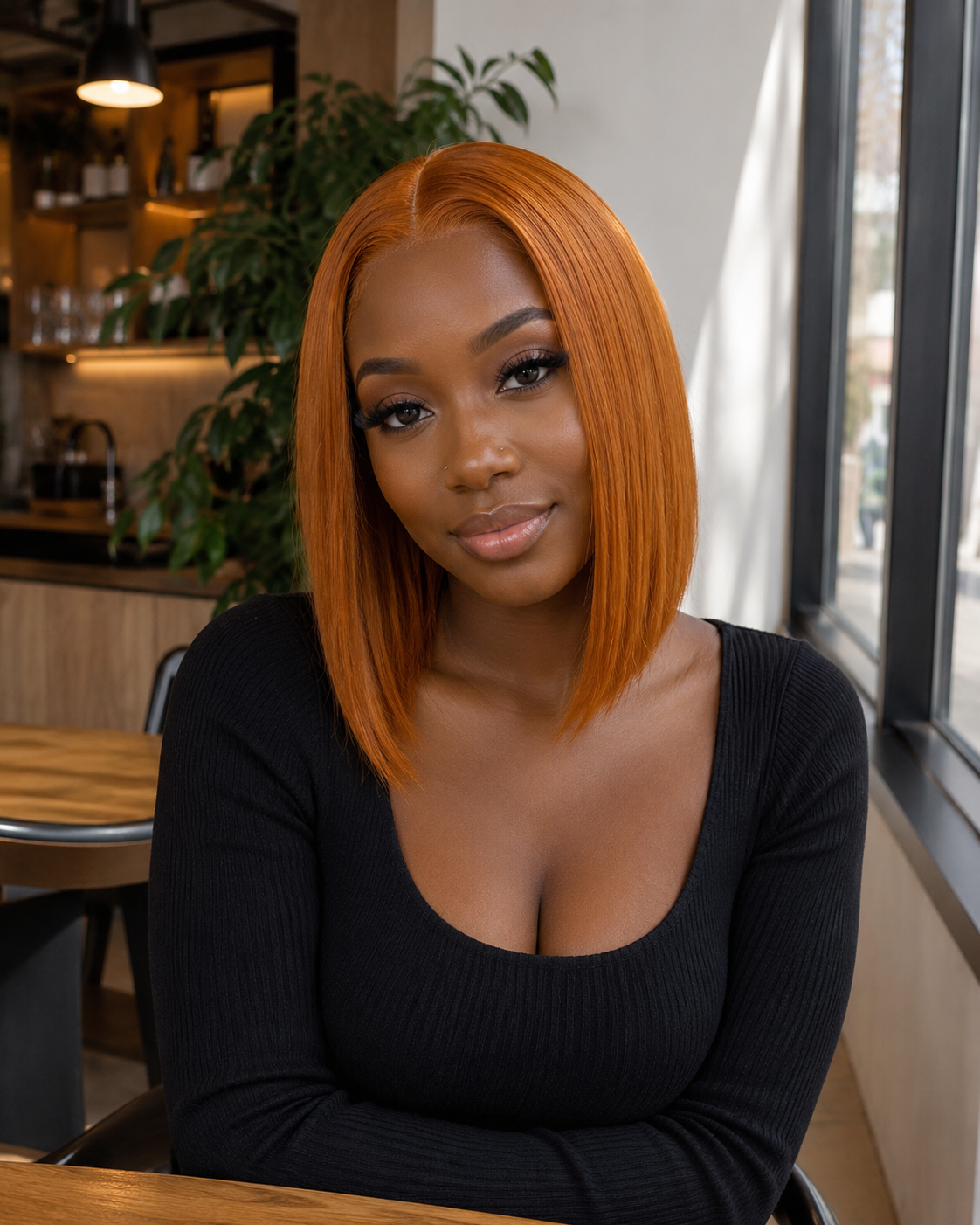 Side view of blonde straight lace wig showing natural hairline with soft texture and natural finish