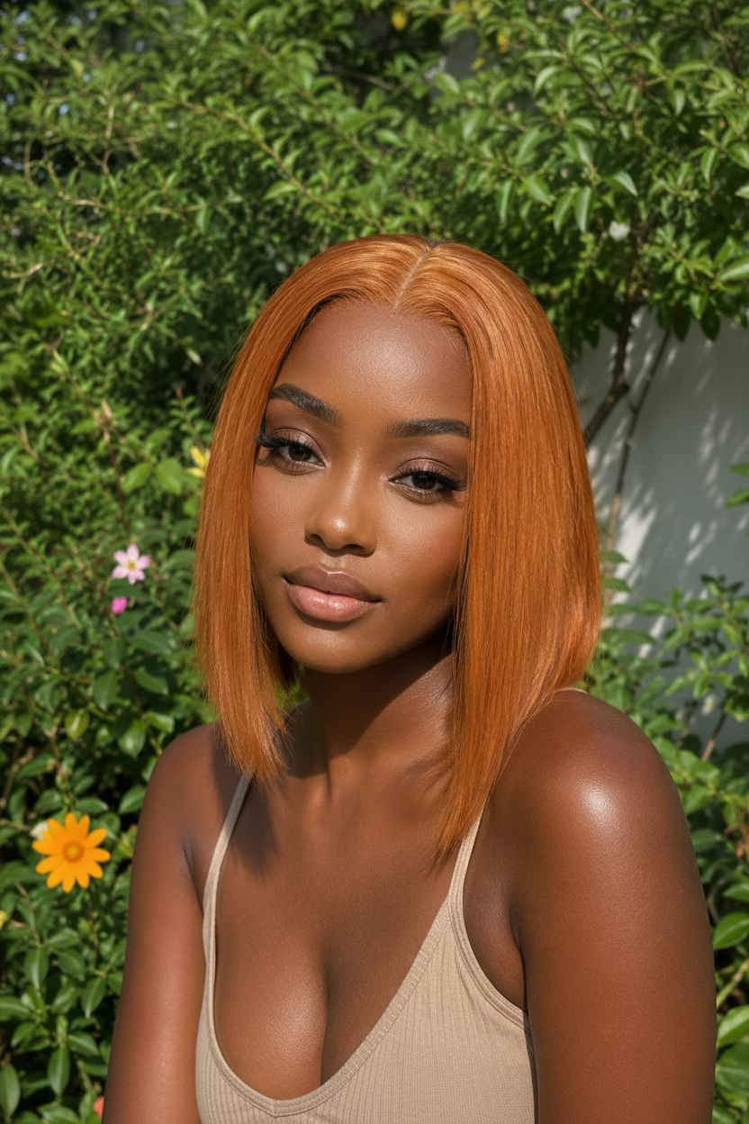 Front view of blonde straight human hair wig on model with soft texture and natural finish