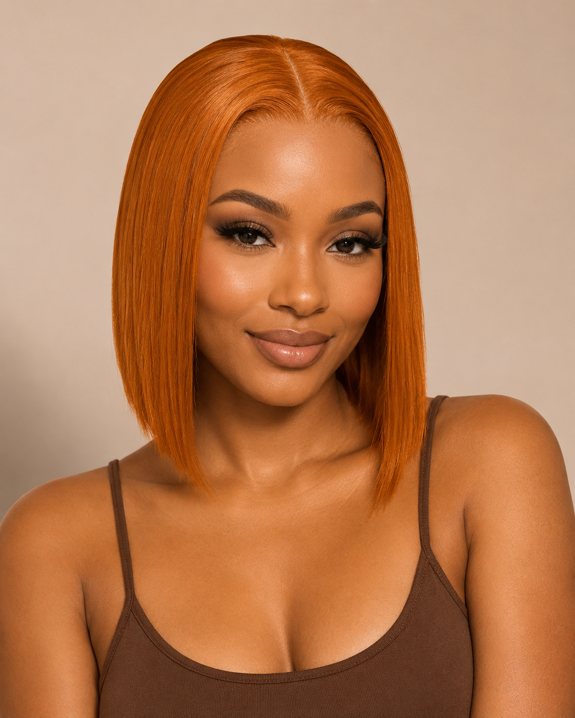 Front view of straight human hair wig on model with soft texture and natural finish