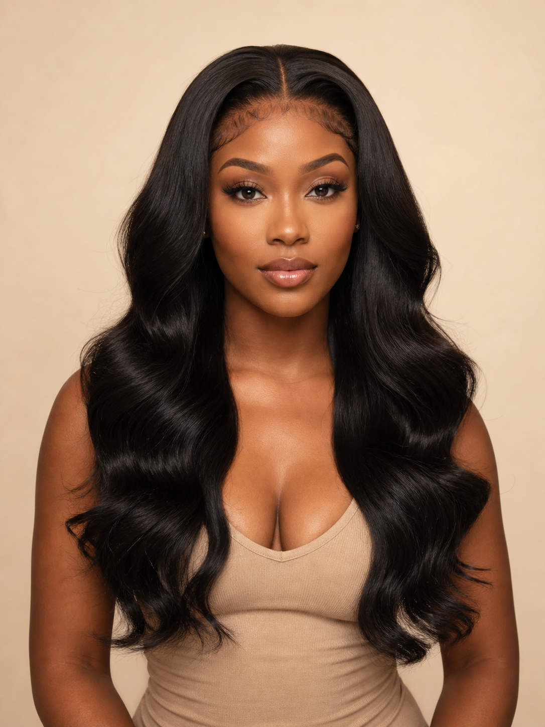Side view of body wave lace wig showing natural hairline with soft texture and natural finish