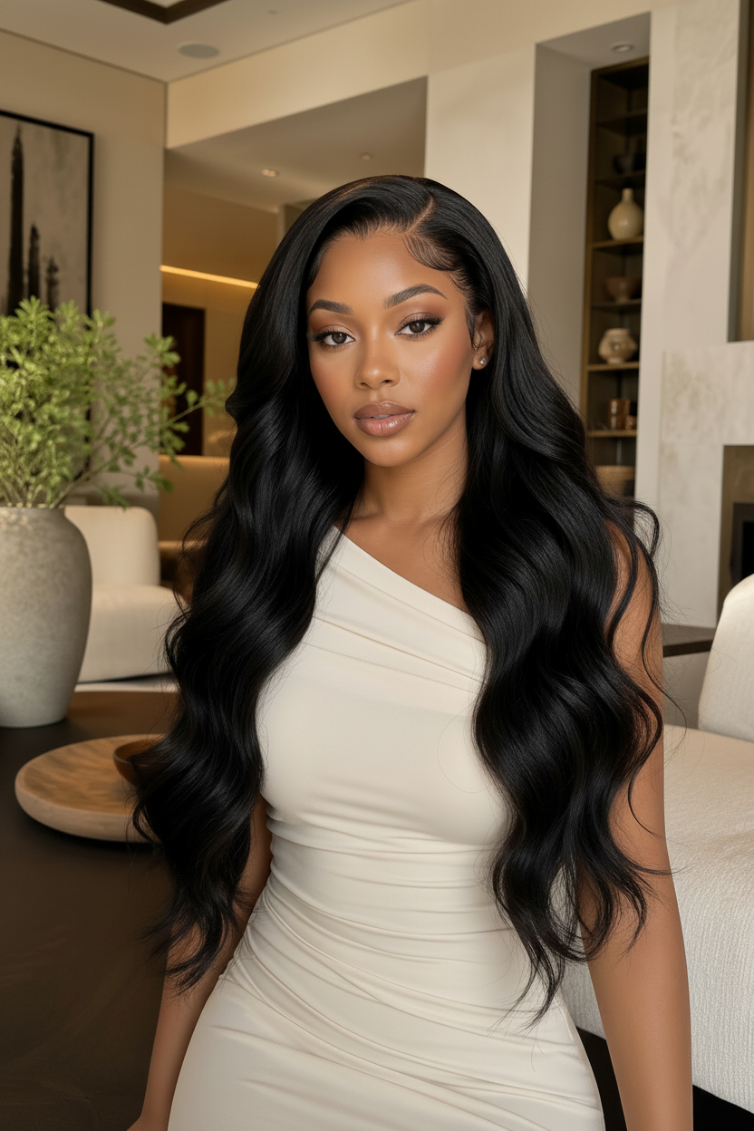 Close-up view of body wave hair texture with soft natural finish with soft texture and natural finish