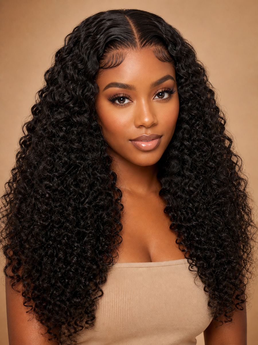 Woman with long, curly black hair against a beige background