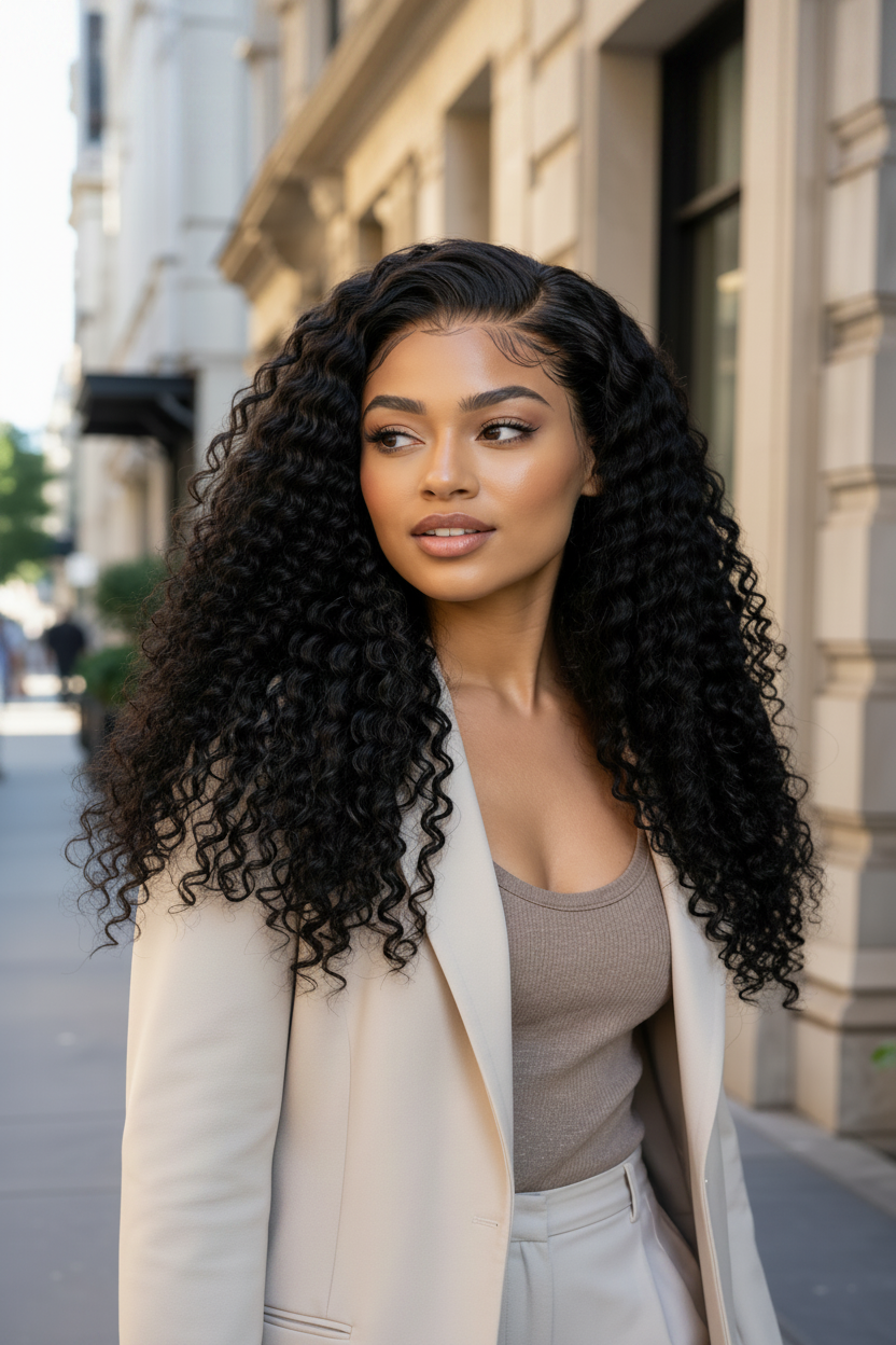 Woman with long, curly hair standing on a city street