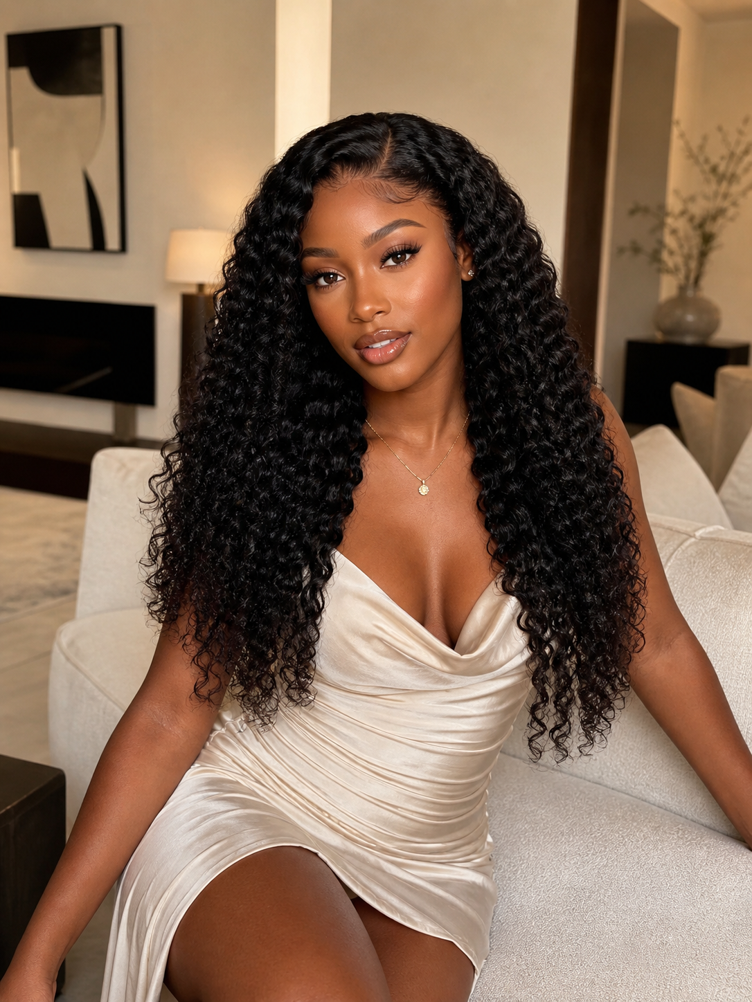 Woman with long, curly hair sitting on a couch in a living room.