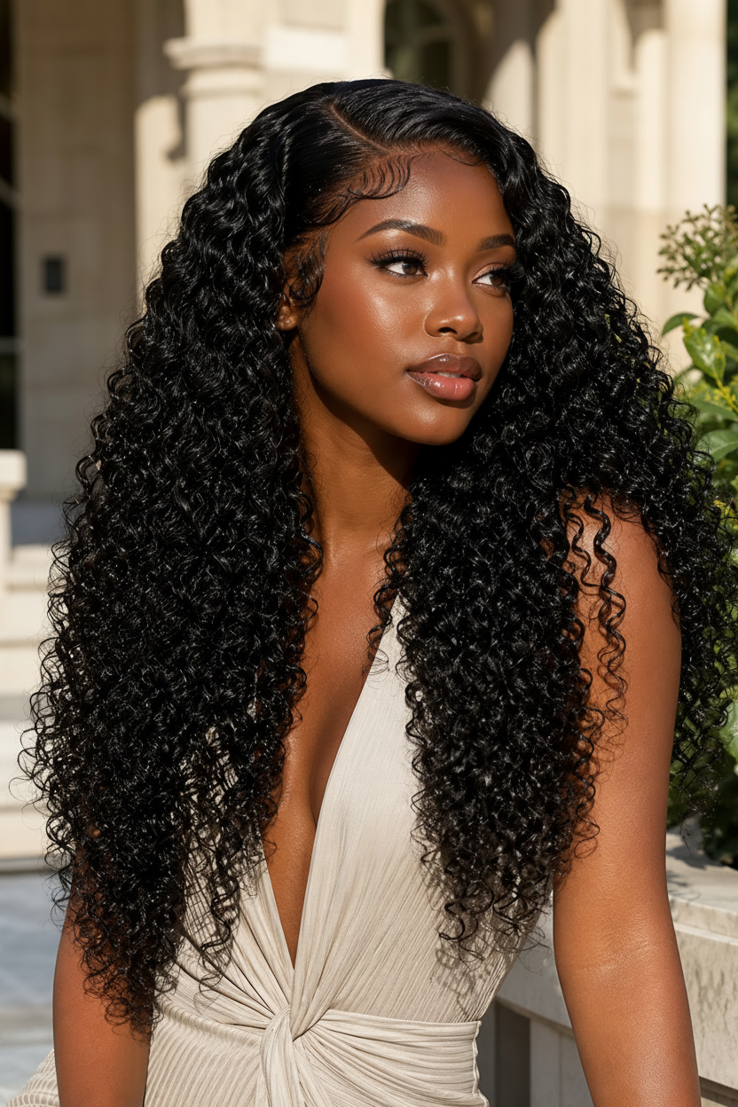 Woman with long, curly black hair in an outdoor setting