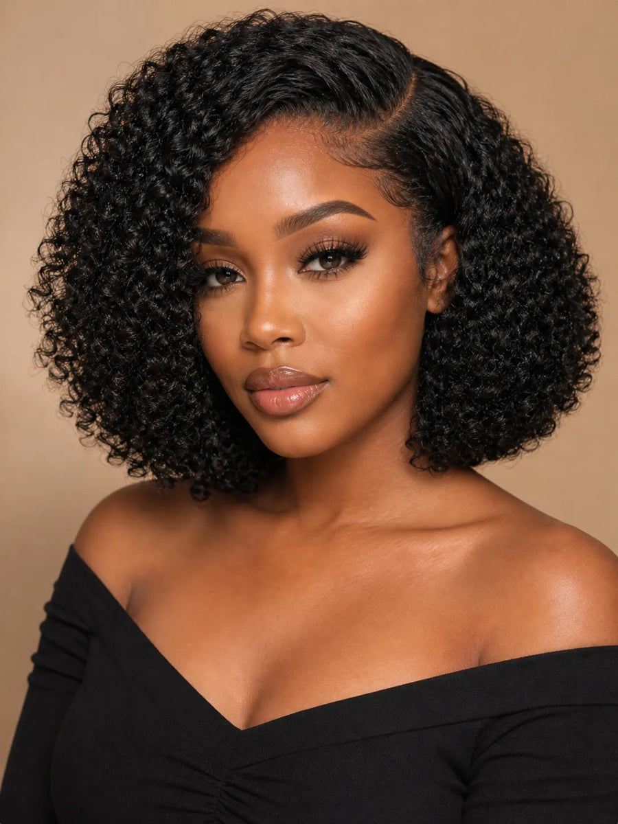Front view of kinky curly lace front human hair wig on model with soft texture and natural finish