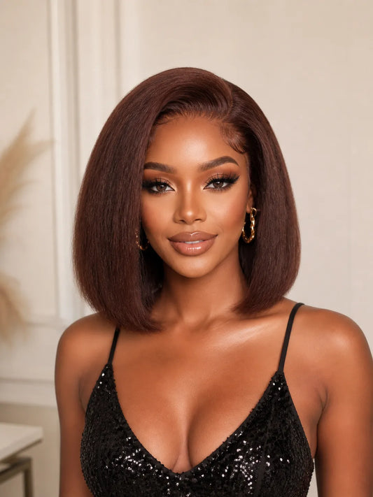 Front view of brown kinky straight lace front human hair wig on model with soft texture and natural finish