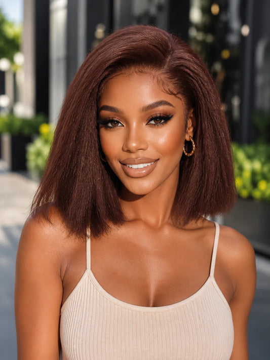 Side view of brown kinky straight lace wig showing natural hairline with soft texture and natural finish