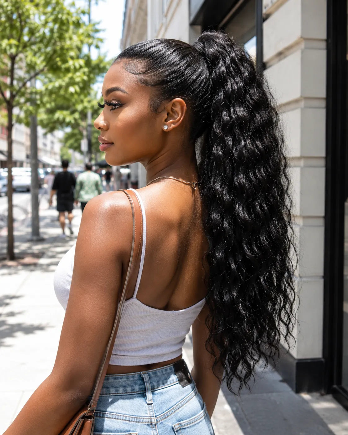 Front view of water wave human hair wig on model with soft texture and natural finish
