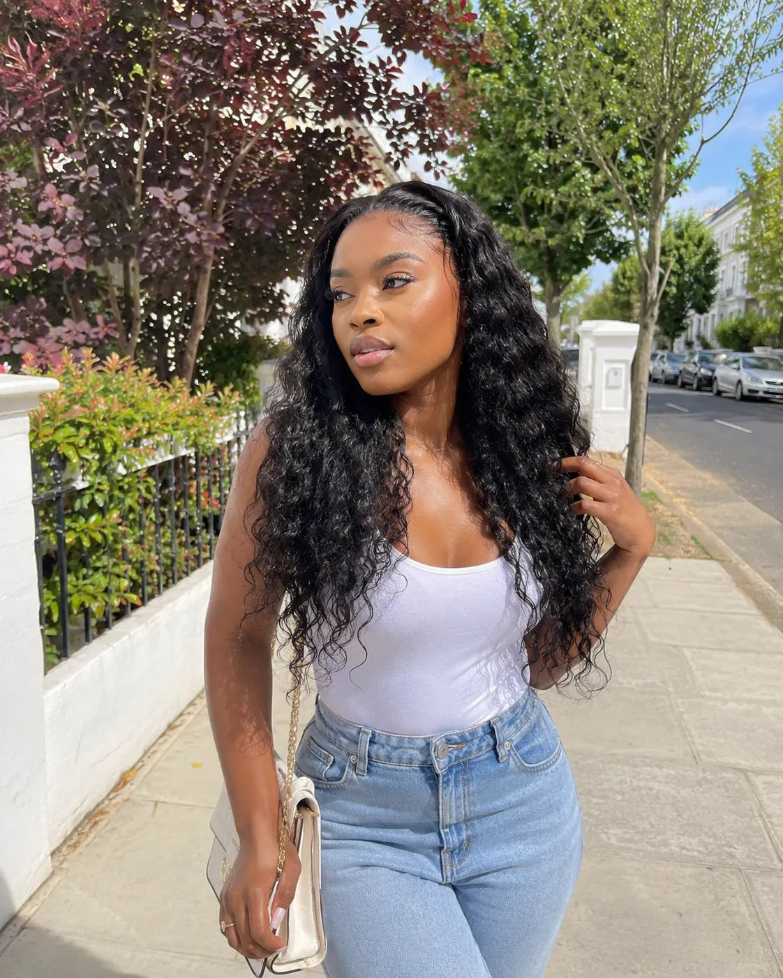 Side view of water wave lace wig showing natural hairline with soft texture and natural finish
