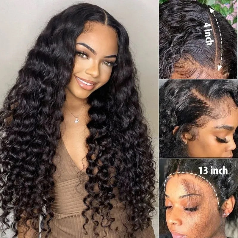 Close-up view of natural black deep wave human hair wig texture and lace detail