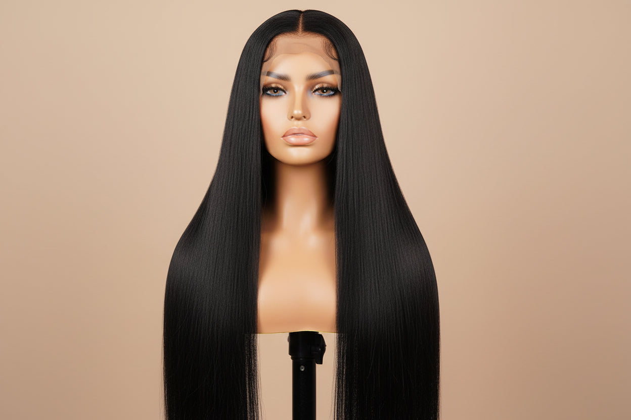 Mannequin head with long black straight wig on a brown background