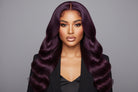 Woman with long, wavy purple hair and close-up shots of the hair on a white background.