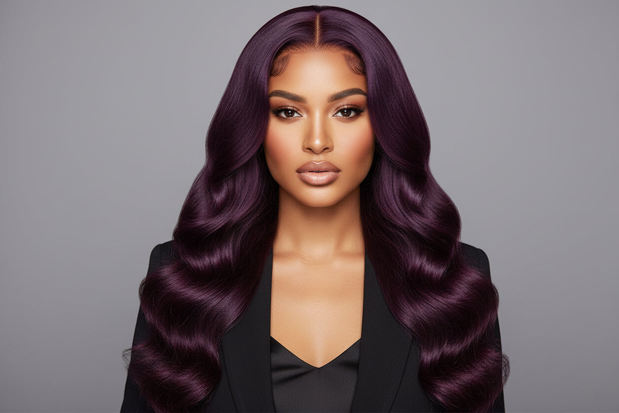 Woman with long, wavy purple hair and close-up shots of the hair on a white background.
