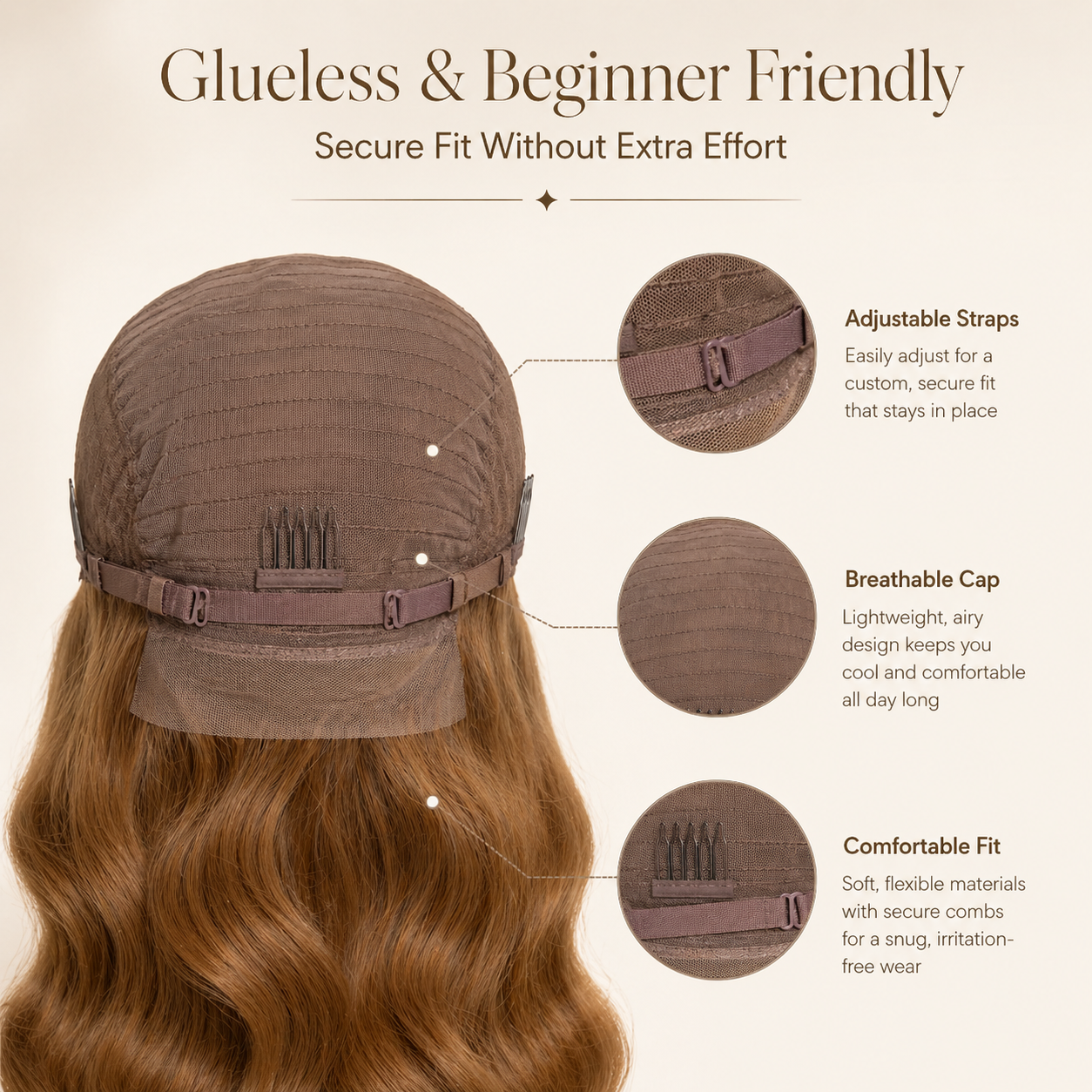 Brown wig cap with adjustable straps, breathable cap, and comfortable fit features on a beige background.