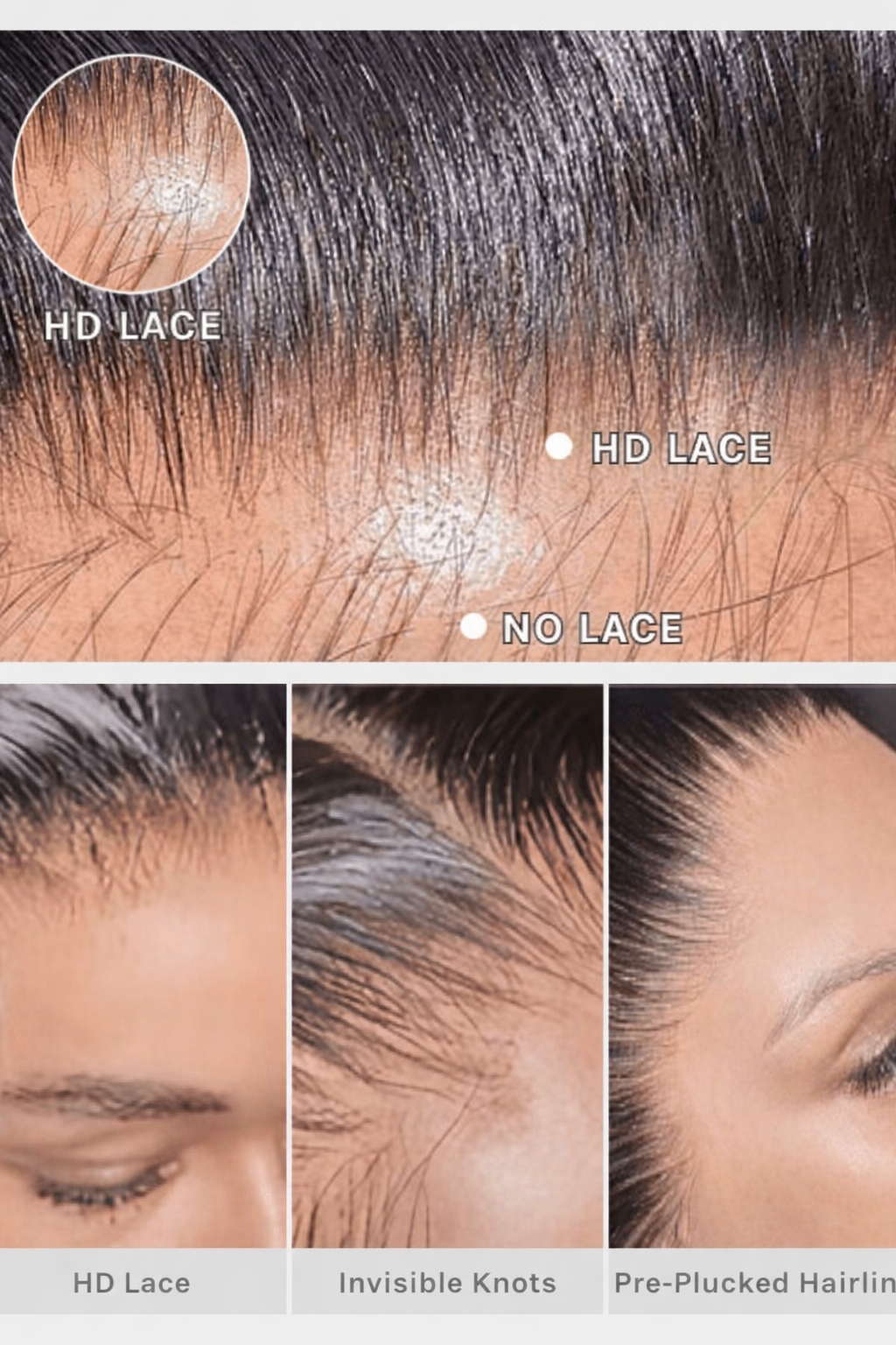 Detail view of glueless wig cap and lace construction with soft texture and natural finish