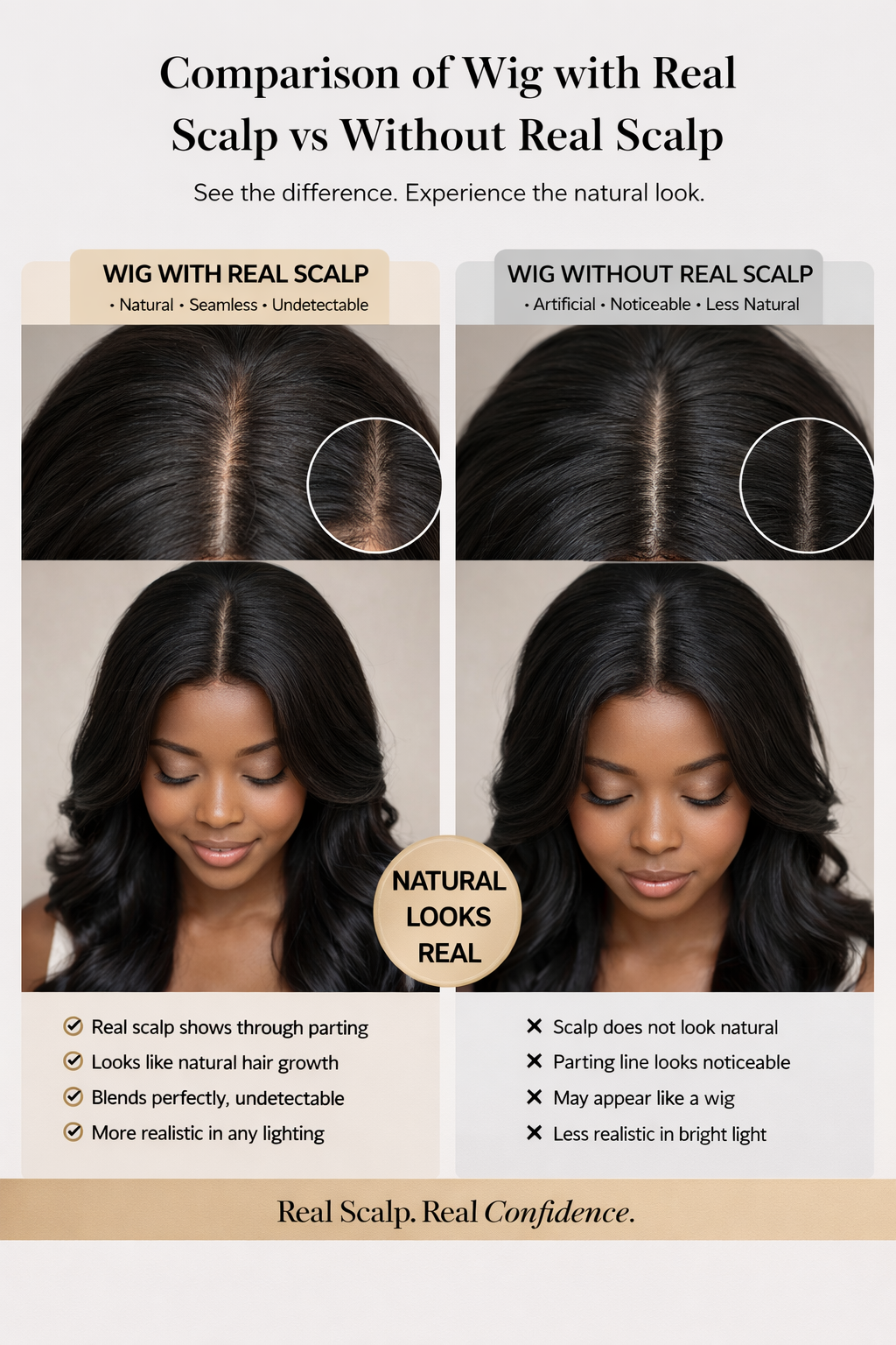 Lifestyle view of model wearing natural black body wave human hair wig