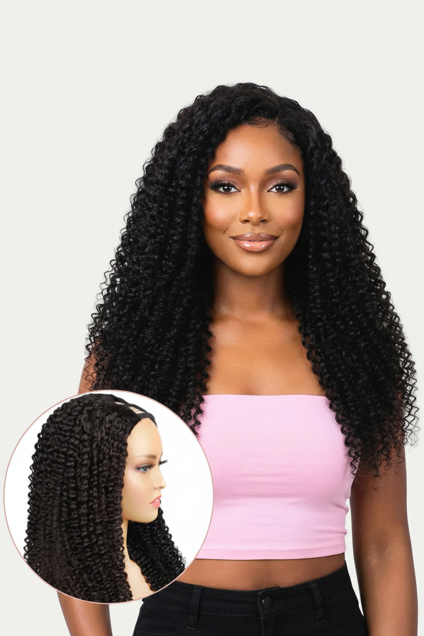 Woman with long, curly hair and a close-up of the hair on a mannequin head.