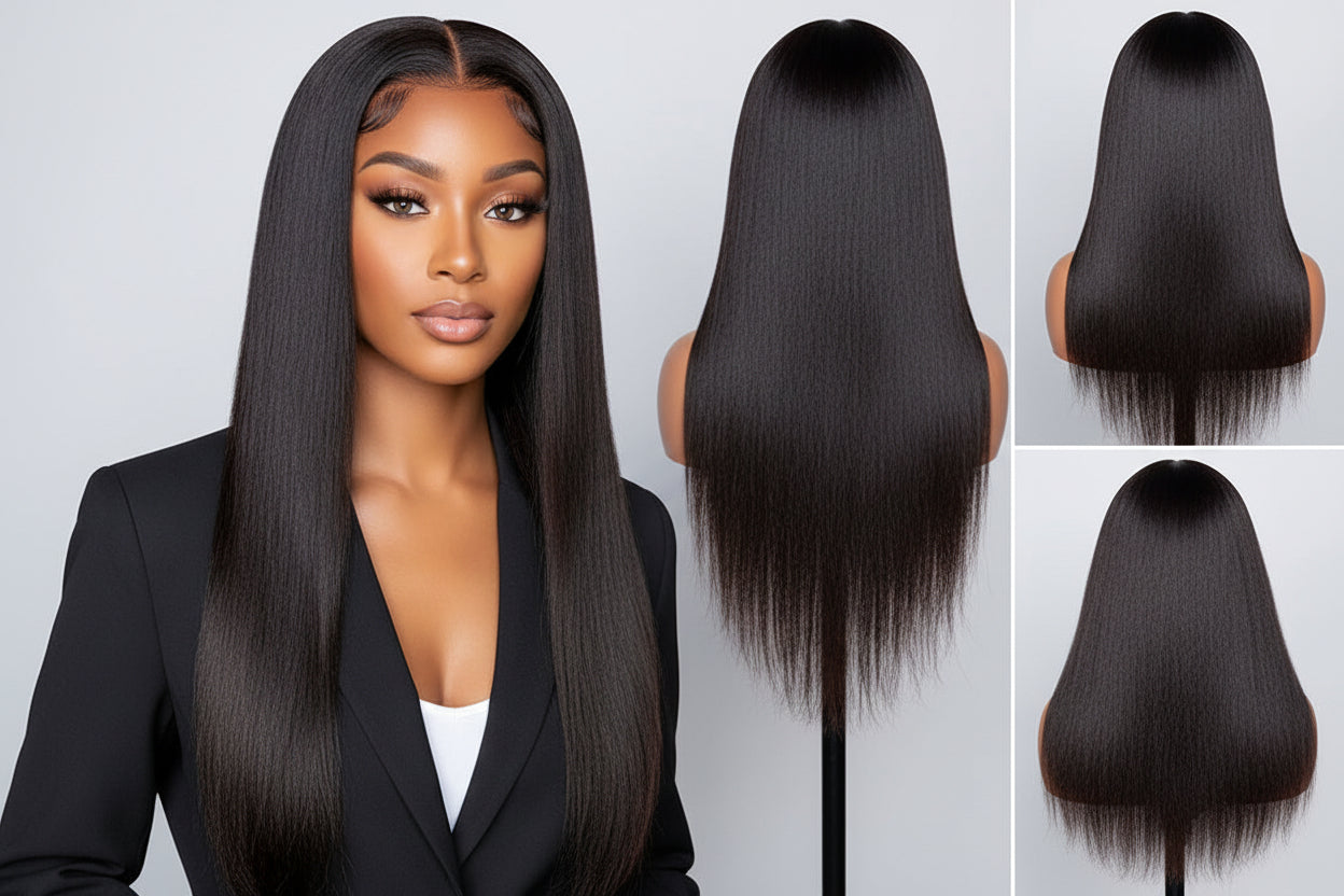 Detail view of realistic lace parting and natural hairline with soft texture and natural finish