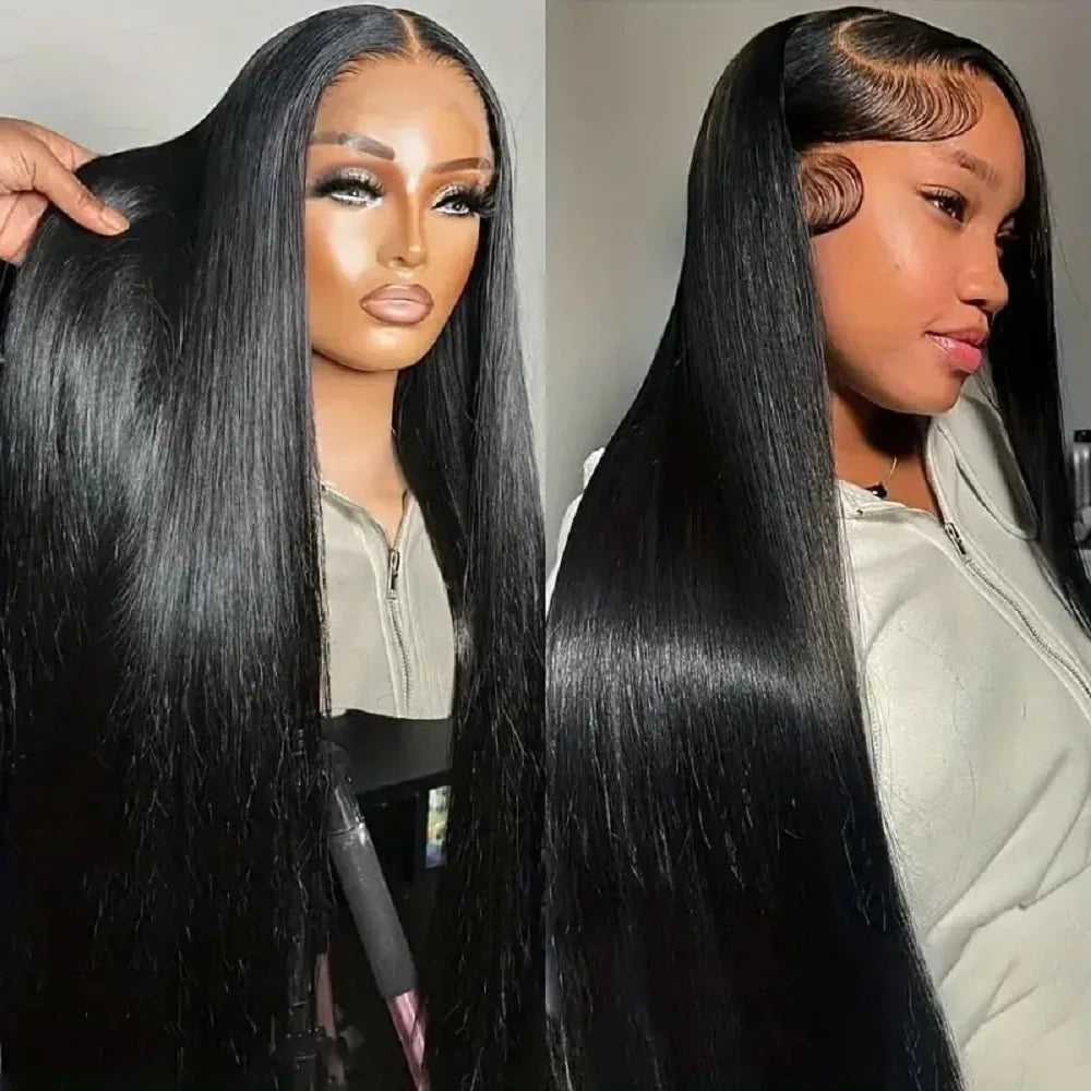 Product detail view of straight human hair wig with soft texture and natural finish