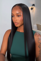 Woman with long straight black hair in a bathroom setting