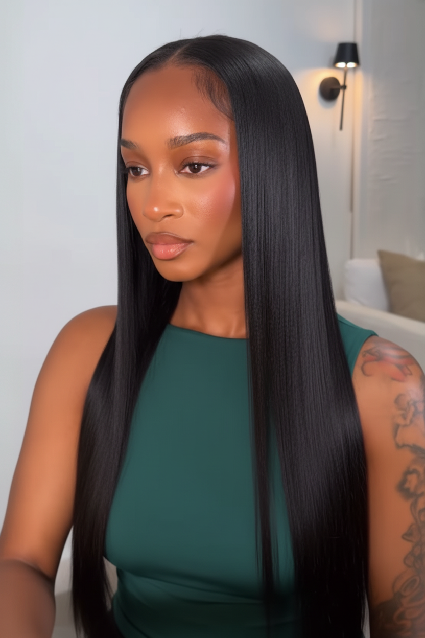 Woman with long straight black hair in a bathroom setting