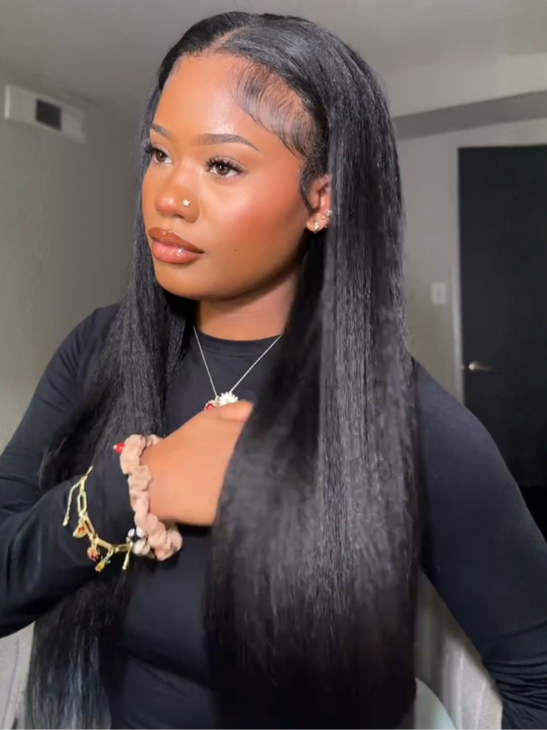 Detail view of realistic lace parting and natural hairline with soft texture and natural finish
