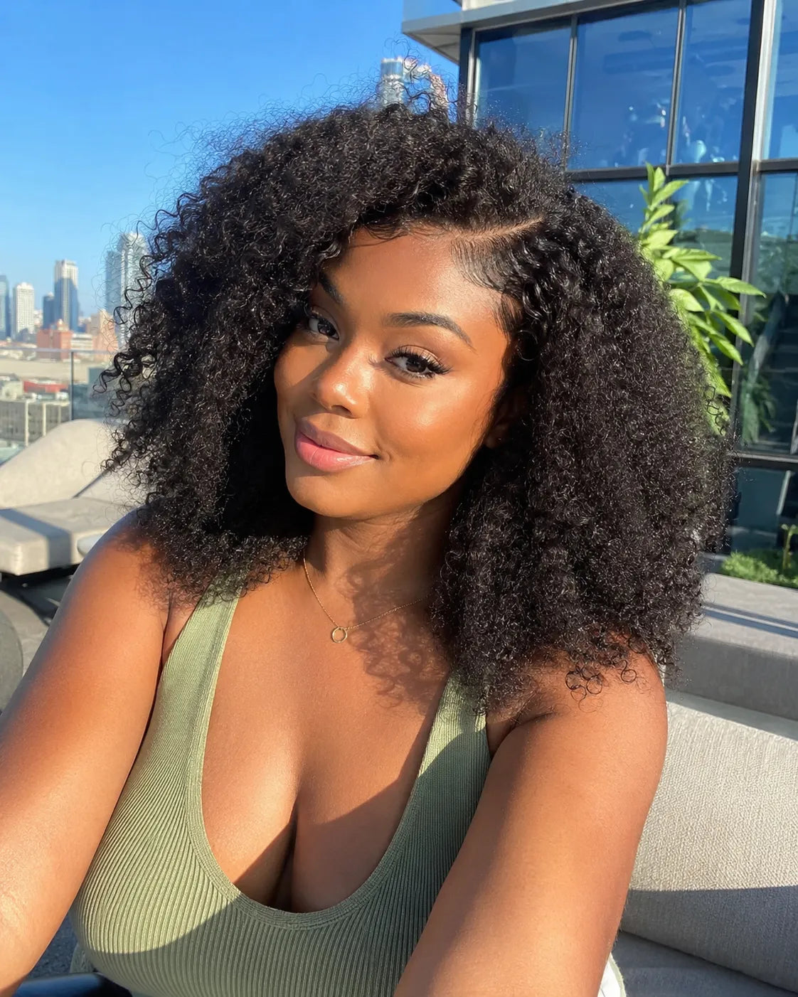 Back view of natural black human hair wig with natural volume with soft texture and natural finish