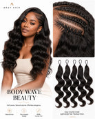 Body wave hair extensions set by Array Hair, featuring a model with long, wavy black hair, a close-up of the parting and hair texture, and four individual hair wefts shown on a white background with promotional text.