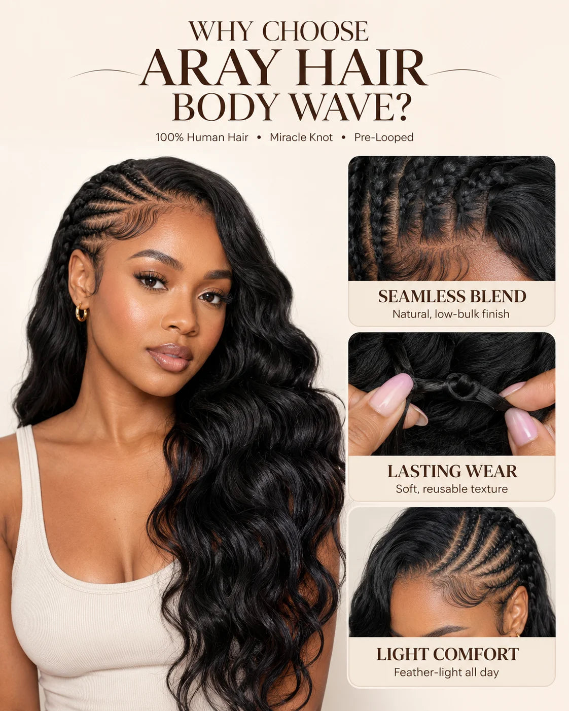 Promotional graphic for Ayar Hair Body Wave hair extensions, featuring a woman with long, wavy black hair on the left and three inset panels on the right showing seamless blend, lasting wear, and light comfort benefits.