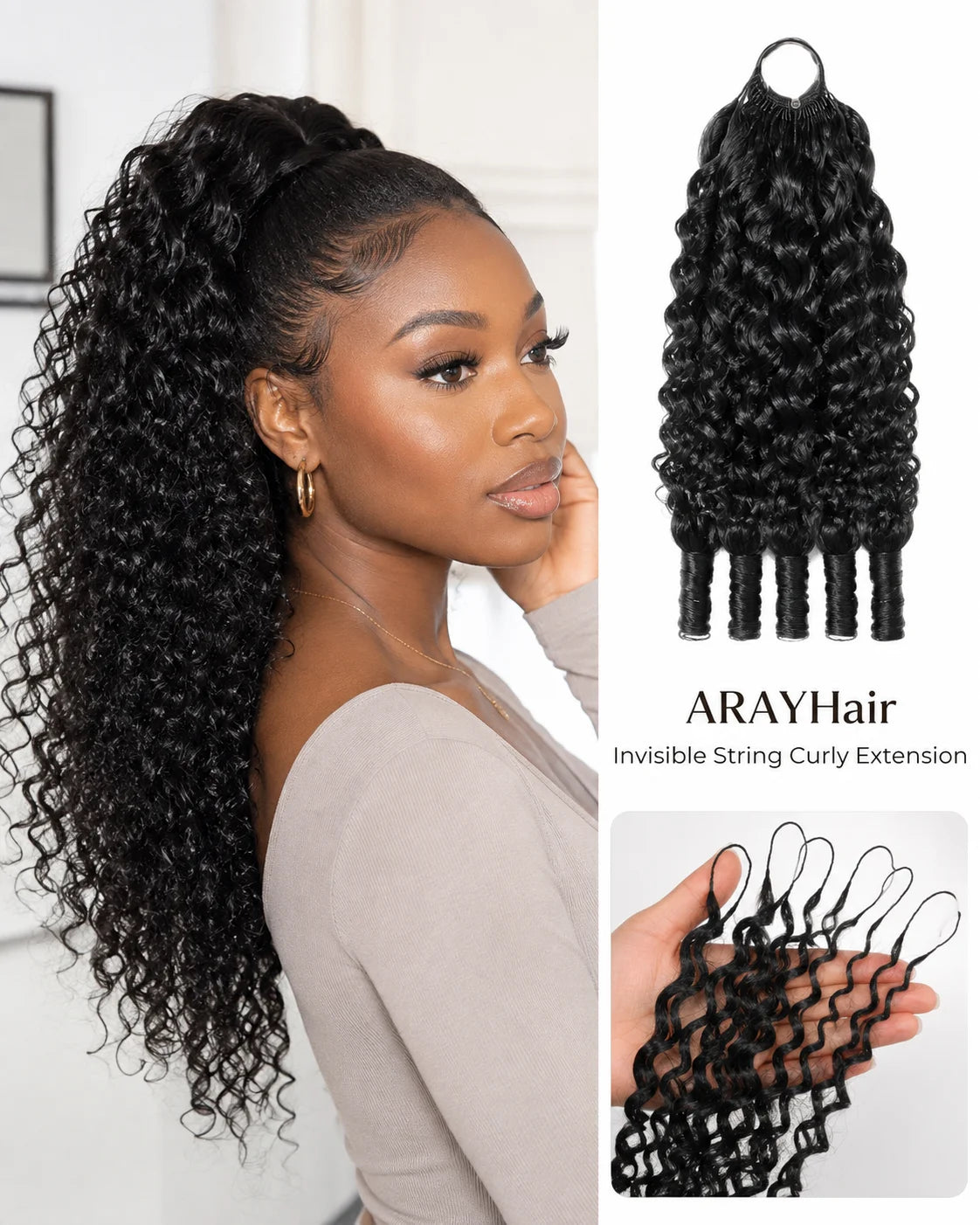 Black curly extension hair shown worn on a model, plus separate views of the hair extensions: one hanging bundle, one hand holding several small pieces, and text reading ARAYHair Invisible String Curly Extension.
