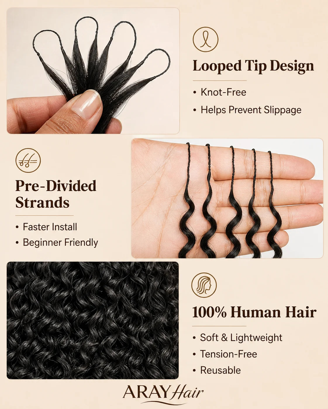 Promotional graphic for ARAY Hair showing a black curly wig extension bundle, looped tip design, pre-divided strands, and a close-up of the hair texture on a beige background with text callouts.