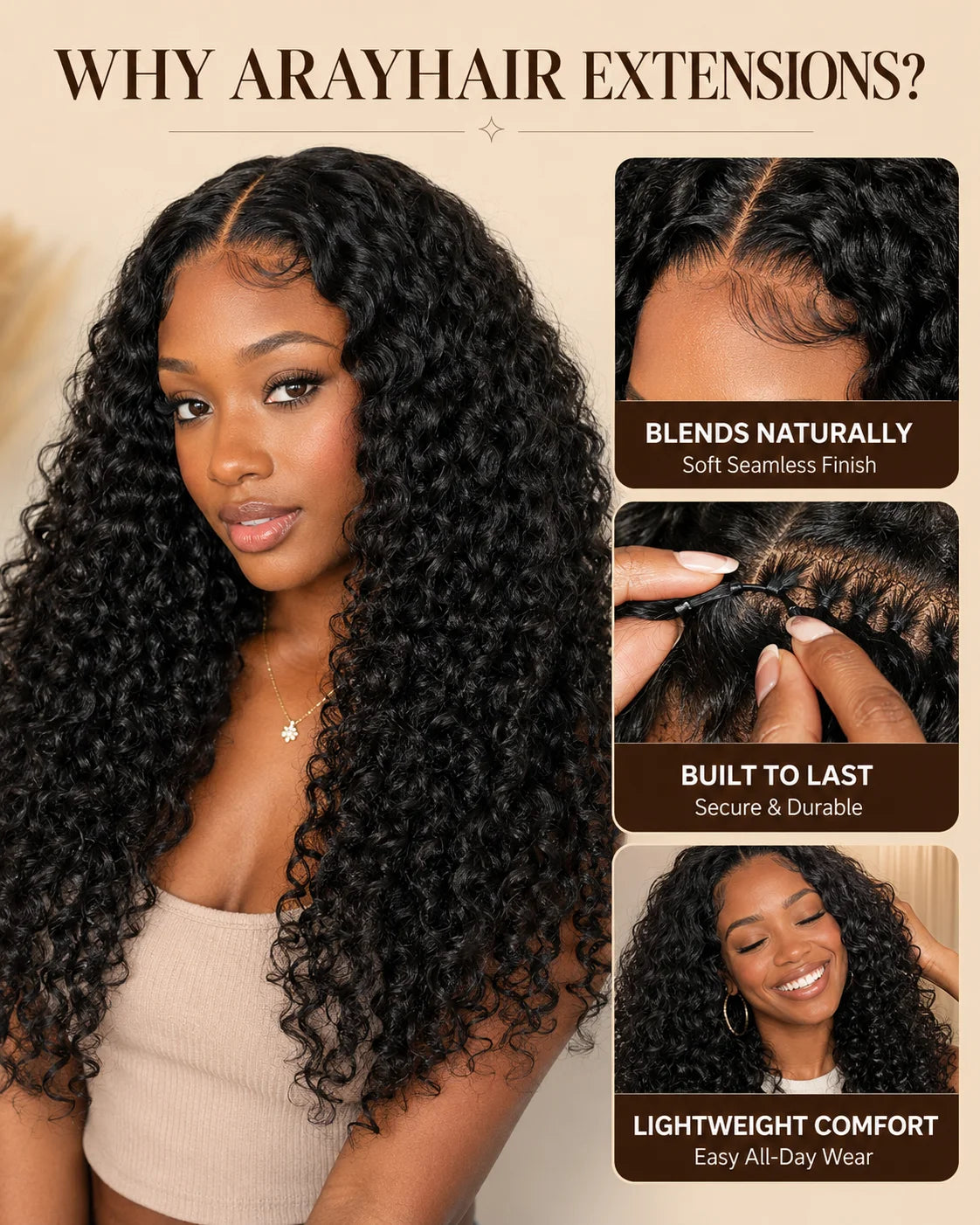 A promotional graphic for arayhair extensions showing a woman with long, glossy, curly black hair extensions, alongside three inset close-up panels demonstrating the hair blending naturally, being held to show texture, and worn comfortably.