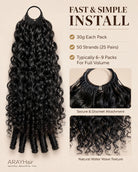 ARAYHair black curly hair weft bundle pack with text detailing 'FAST & SIMPLE INSTALL' and two inset photos showing secure attachment and natural water wave texture.