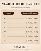 A length and quantity guide for ArayHair crochet hair extensions, showing recommended pack counts from 14 inches to 24 inches on a beige background with dark brown text and headers.