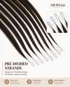 ARAY Hair pre-divided strands hair extensions shown in a fan arrangement on a light beige background, with product text, an inset showing the ends with loops, and feature icons at the bottom.