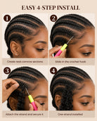 A 4-step instructional graphic showing how to install a crochet hook in cornrow hair. The panels are labeled 1 through 4 with text reading 'Create neat cornrow sections,' 'Slide in the crochet hook,' 'Attach the strand and secure it,' and 'One strand installed.