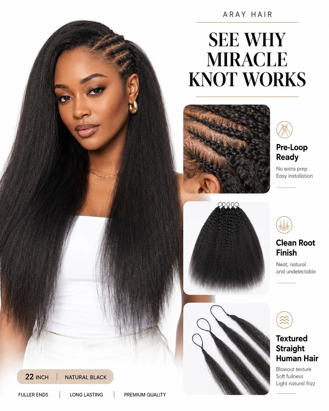 Front view of kinky straight human hair wig on model with soft texture and natural finish