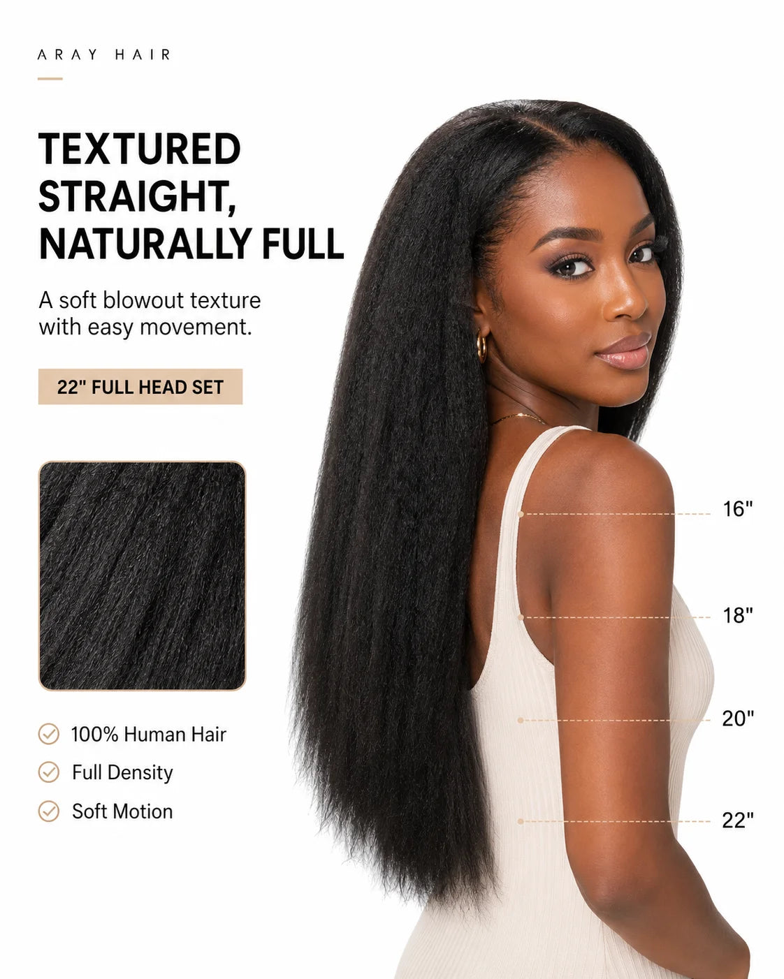 Lifestyle view of model wearing straight human hair wig with soft texture and natural finish
