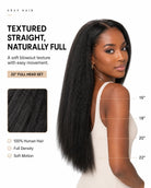 Lifestyle view of model wearing straight human hair wig with soft texture and natural finish