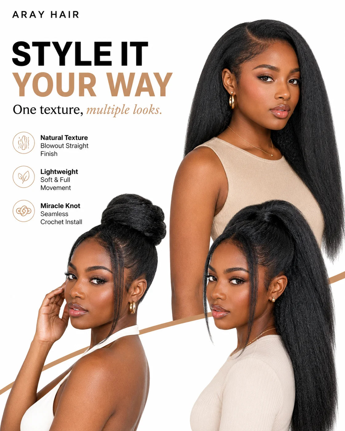 Close-up view of straight hair texture with soft natural finish and realistic movement