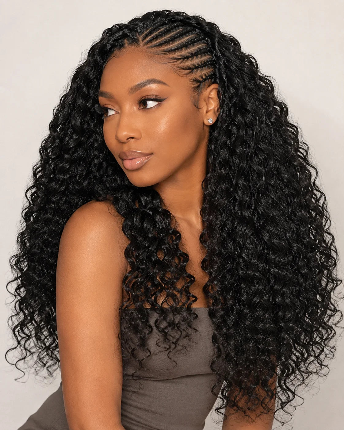 Front view of loose wave human hair wig on model with soft texture and natural finish