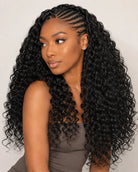 Front view of loose wave human hair wig on model with soft texture and natural finish