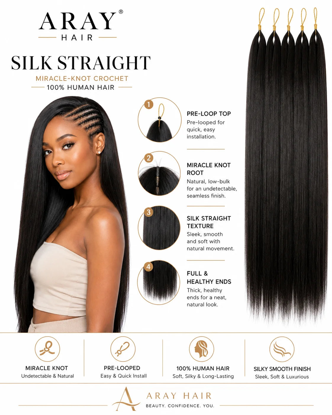 Product detail view of straight human hair wig showing soft texture and natural finish