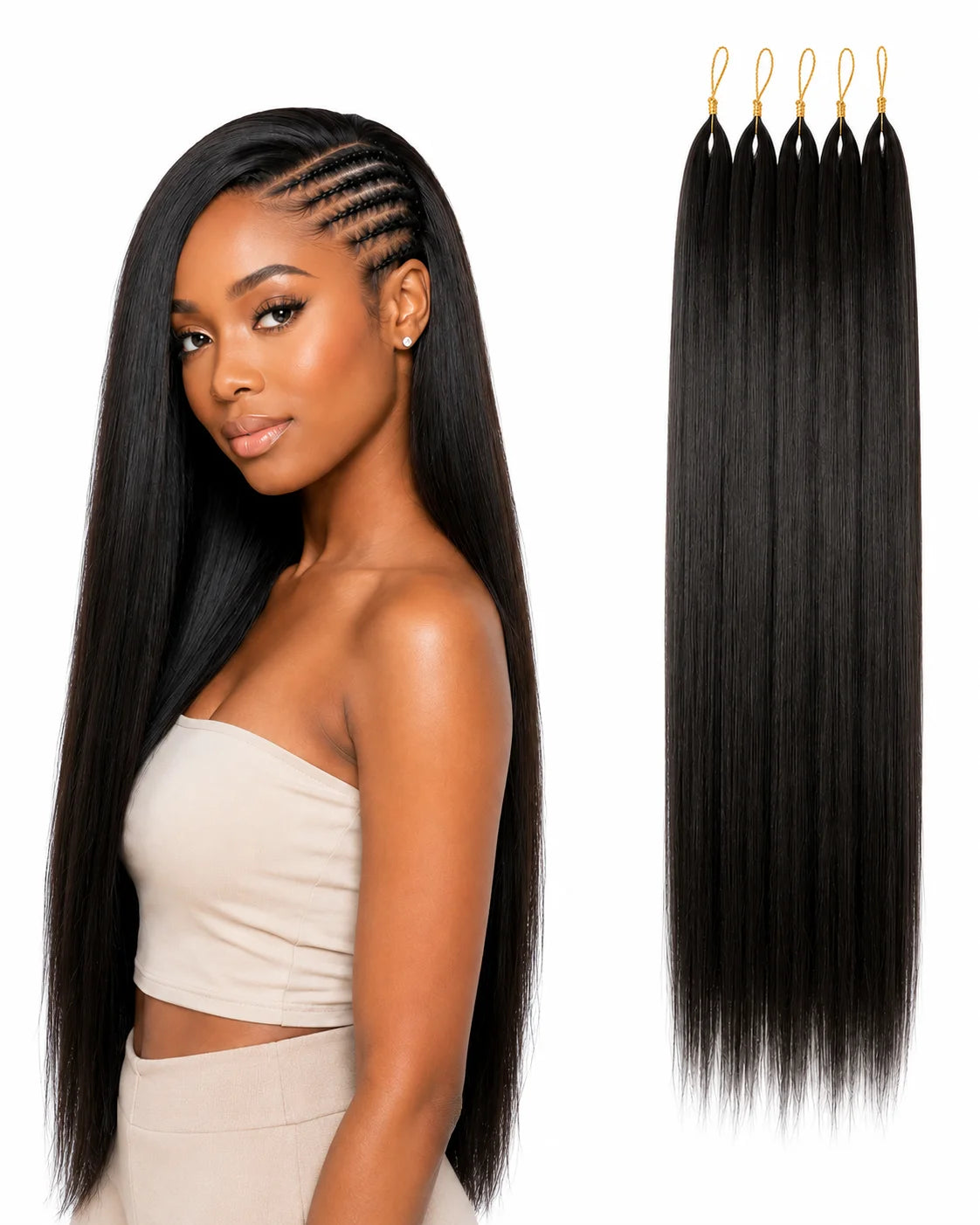 Front view of straight human hair wig on model with soft texture and natural finish