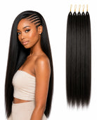 Front view of straight human hair wig on model with soft texture and natural finish