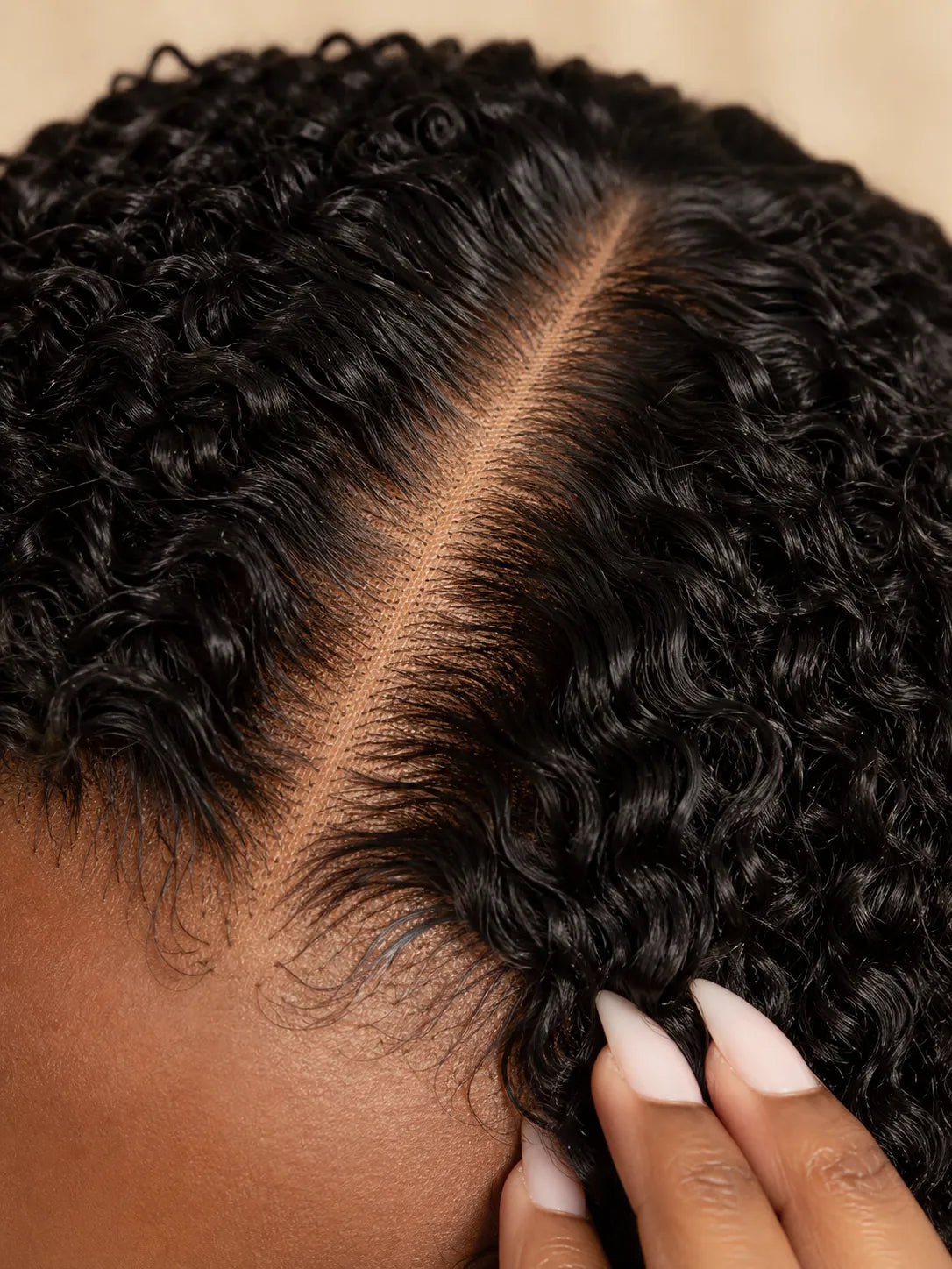 Product detail view of deep wave human hair wig with soft texture and natural finish