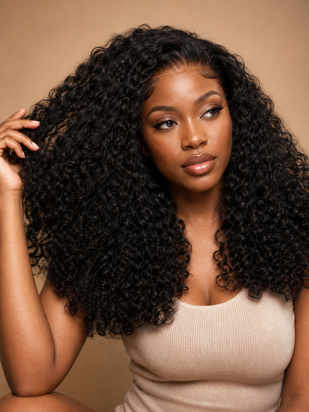 Product detail view of kinky curly human hair wig with soft texture and natural finish