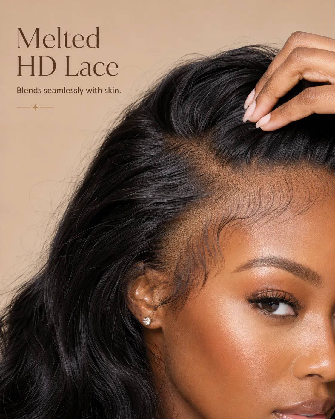 Detail view of glueless wig cap and lace construction with soft texture and natural finish