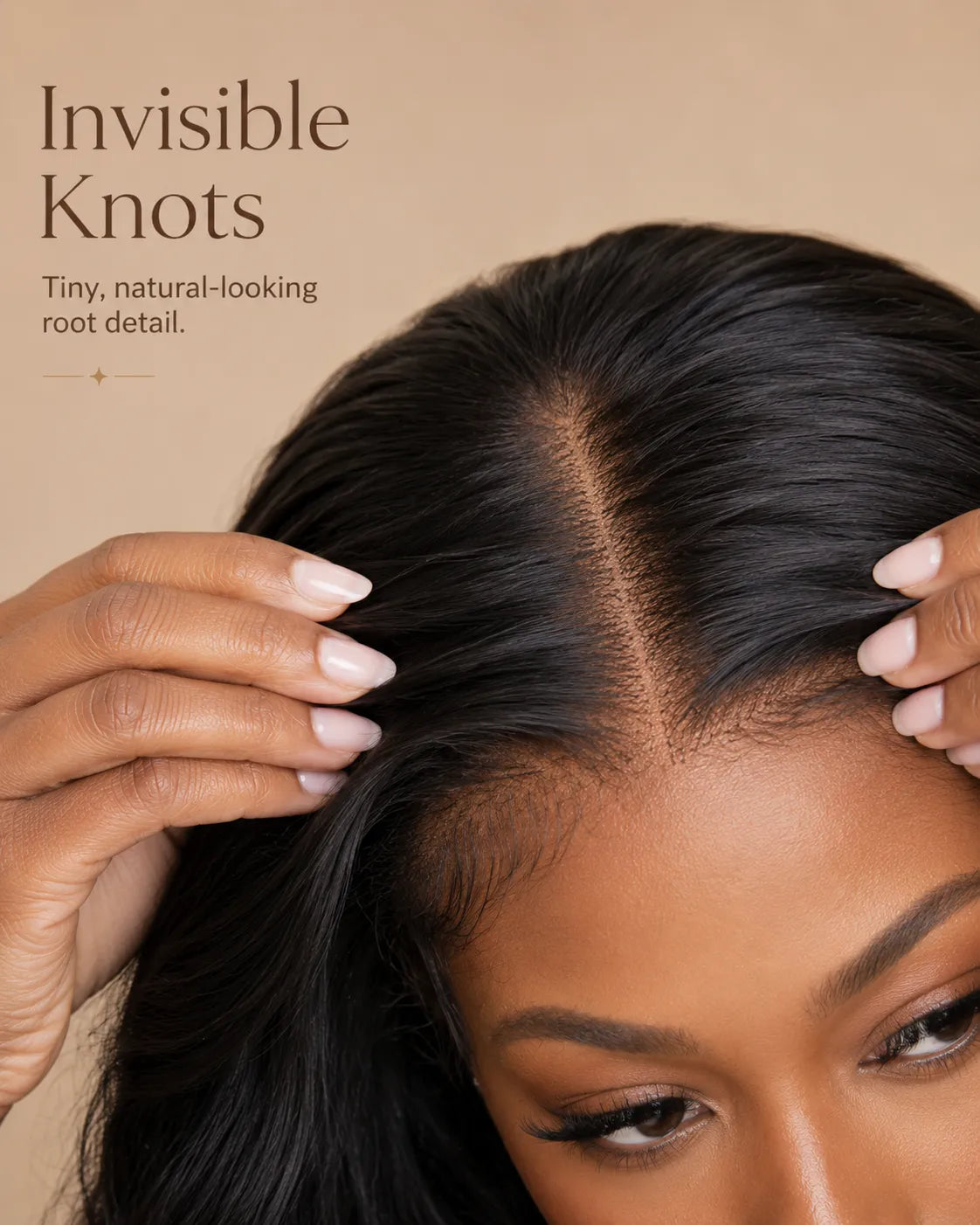 Close-up of a person's head with hair styled, highlighting 'Invisible Knots' feature.